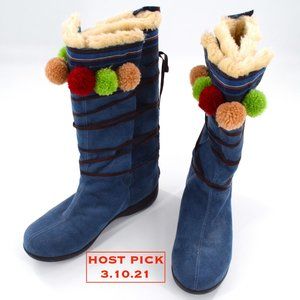 Kenzo Blue Suede Lace-Up Boots with Pom Poms 7